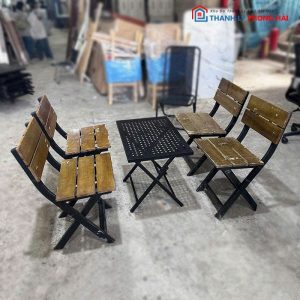 Bộ Bàn Ghế Cafe Cũ Bàn Sắt Ghế Gỗ Xếp