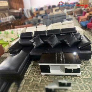 Bộ Sofa Góc L Cũ Màu Đen Kèm Bàn Trà