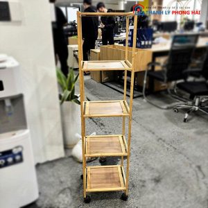 Kệ Trưng Bày Gỗ Cũ 5 Tầng Có Bánh Xe