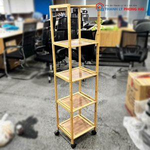 Kệ Trưng Bày Gỗ Cũ 5 Tầng Có Bánh Xe
