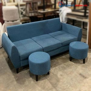 Sofa Băng 3 Chỗ Bọc Vải Xanh Kèm 2 Đôn Cũ