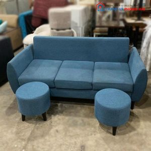 Sofa Băng 3 Chỗ Bọc Vải Xanh Kèm 2 Đôn Cũ
