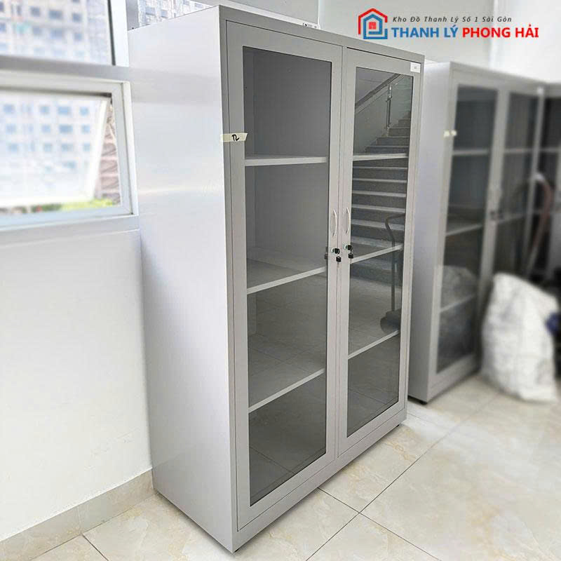 tu-ho-so-sat-4-tang-2-canh-kinh-cu-3 Tủ Hồ Sơ Sắt 4 Tầng 2 Cánh Kính Cũ