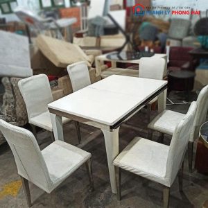 Bộ Bàn Ăn 6 Ghế Bọc Da Trắng Cũ