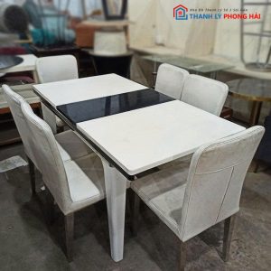 Bộ Bàn Ăn 6 Ghế Bọc Da Trắng Cũ