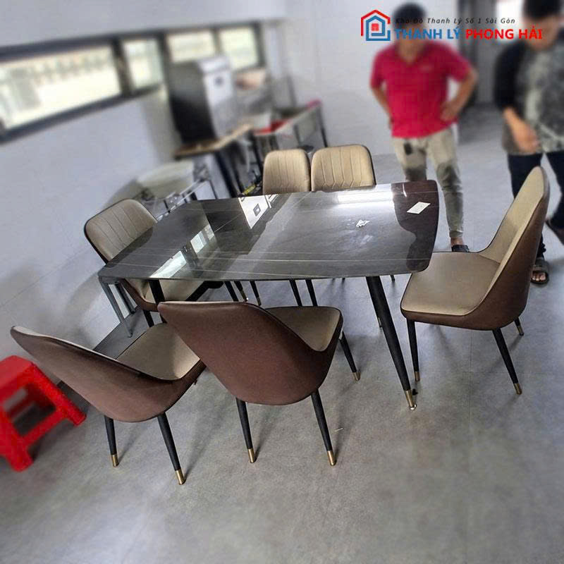 bo-ban-an-chan-con-kem-6-ghe-da-cu-2 Bộ Bàn Ăn Chân Côn Kèm 6 Ghế Da Cũ