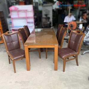 Bộ Bàn Ăn Gỗ Tự Nhiên Cũ Kèm Ghế Bọc Đệm Da