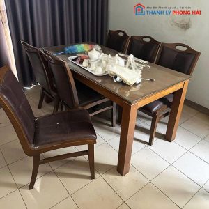 Bộ Bàn Ăn Gỗ Tự Nhiên Cũ Kèm Ghế Bọc Đệm Da