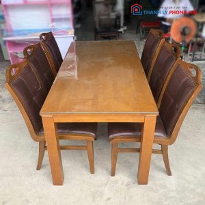 Bộ Bàn Ăn Gỗ Tự Nhiên Cũ Kèm Ghế Bọc Đệm Da