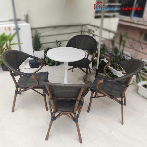 Bộ Bàn Ghế Cafe Mây Kèm Bàn Tròn Chân Sắt Cũ