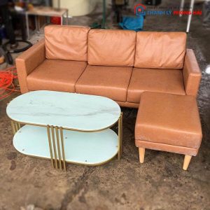 Bộ Sofa Bọc Da Cũ Kèm Bàn Oval 2 Tầng