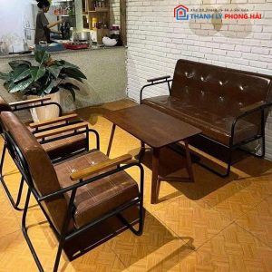 Bộ Sofa Cafe Khung Sắt Đệm Da Bóng Mới 99%