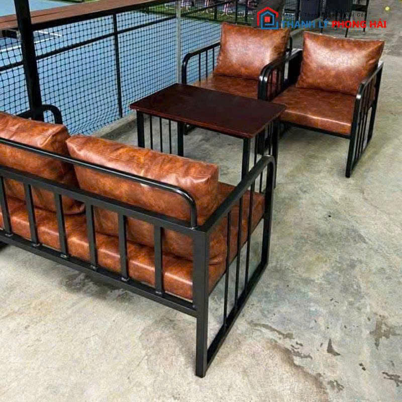 bo-sofa-cafe-khung-sat-dem-da Bộ Sofa Cafe Khung Sắt Đệm Da Mới 99%