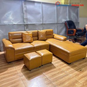 Sofa Góc L Bọc Da Cũ Kèm 2 Đôn Vuông