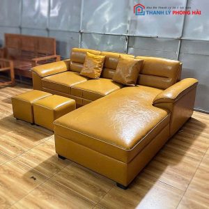 Sofa Góc L Bọc Da Cũ Kèm 2 Đôn Vuông