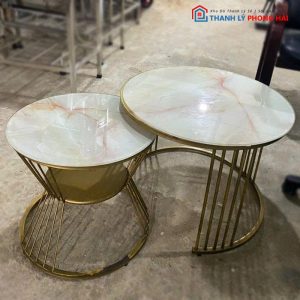 Bàn Sofa Đôi Mặt Đá Vân Hồng Chân Mạ Vàng Cũ