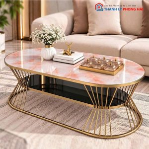 Bàn Sofa Oval Eo 1m Mặt Kính Vân Đá Mới 99%