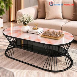 Bàn Sofa Oval Eo 1m Mặt Kính Vân Đá Mới 99%