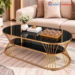 Bàn Sofa Oval Eo 1m Mặt Kính Vân Đá Mới 99%