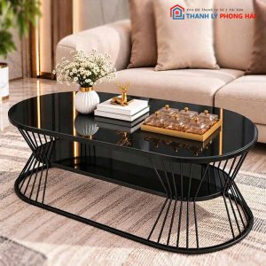 Bàn Sofa Oval Eo 1m Mặt Kính Vân Đá Mới 99%