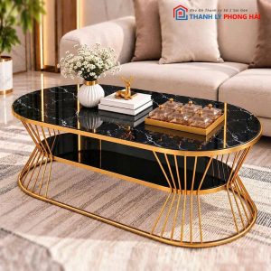 Bàn Sofa Oval Eo 1m Mặt Kính Vân Đá Mới 99%