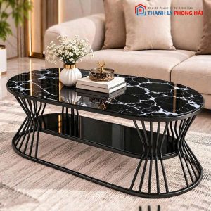 Bàn Sofa Oval Eo 1m Mặt Kính Vân Đá Mới 99%