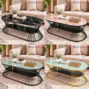 Bàn Sofa Oval Eo 1m Mặt Kính Vân Đá Mới 99%