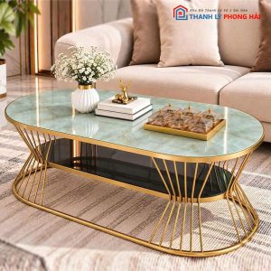Bàn Sofa Oval Eo 1m Mặt Kính Vân Đá Mới 99%