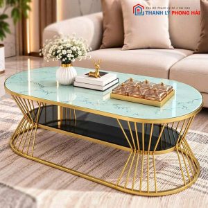 Bàn Sofa Oval Eo 1m Mặt Kính Vân Đá Mới 99%