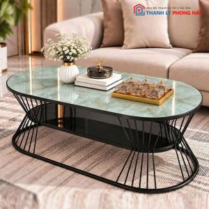 Bàn Sofa Oval Eo 1m Mặt Kính Vân Đá Mới 99%