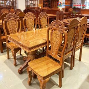 Bộ Bàn Ăn Gỗ Gõ 6 Ghế Mới 99% Chạm Khắc Hoa Văn