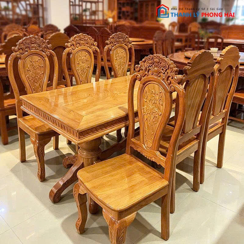 bo-ban-an-go-go-6-ghe-moi-99-1 Bộ Bàn Ăn Gỗ Gõ 6 Ghế Mới 99% Chạm Khắc Hoa Văn