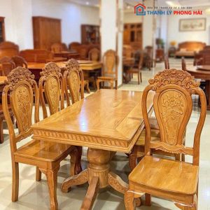 Bộ Bàn Ăn Gỗ Gõ 6 Ghế Mới 99% Chạm Khắc Hoa Văn