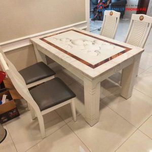 Bộ Bàn Ăn Mặt Đá 1m4 Cũ Kèm 5 Ghế Đệm Da