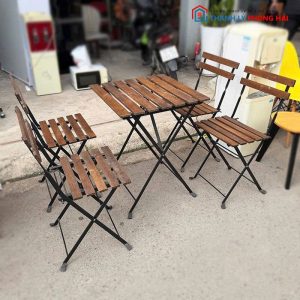 Bộ Bàn Ghế Cafe Cũ Khung Sắt Nan Gỗ Gấp Gọn