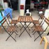 Bộ Bàn Ghế Cafe Cũ Khung Sắt Nan Gỗ Gấp Gọn