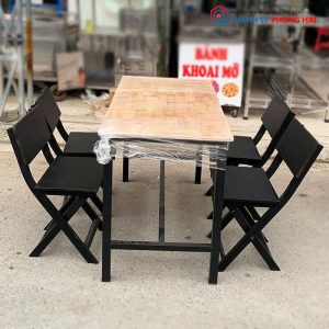 Bộ Bàn Ghế Quán Ăn Mặt Gỗ Kèm Ghế Xếp Cũ