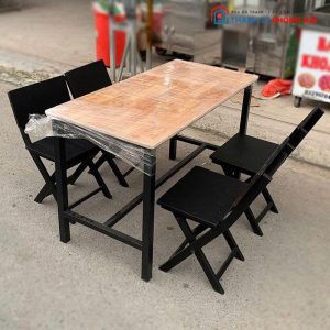 Bộ Bàn Ghế Quán Ăn Mặt Gỗ Kèm Ghế Xếp Cũ