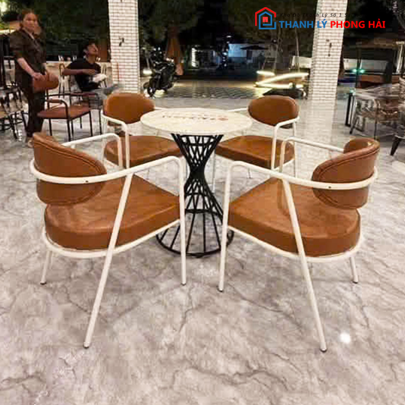 bo-ghe-cafe-dem-da-kem-ban Bộ Ghế Cafe Đệm Da Kèm Bàn Chân Bó Đũa Mới 99%