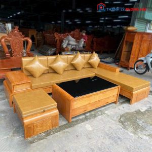 Bộ Salon Góc L Gỗ TN Kèm Đôn Và Bàn Trà Mới 99% (Nhiều Màu)