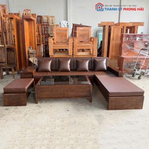 Bộ Salon Góc L Gỗ TN Kèm Đôn Và Bàn Trà Mới 99%
