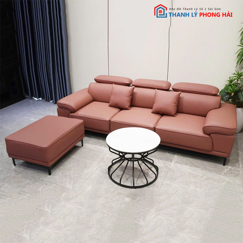 bo-sofa-boc-da-chinh-tua-dau (10) Bộ Sofa Bọc Da Chỉnh Tựa Đầu Kèm Đôn Mới 99%