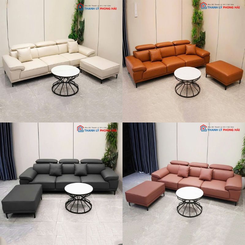 bo-sofa-boc-da-chinh-tua-dau (2) Bộ Sofa Bọc Da Chỉnh Tựa Đầu Kèm Đôn Mới 99%