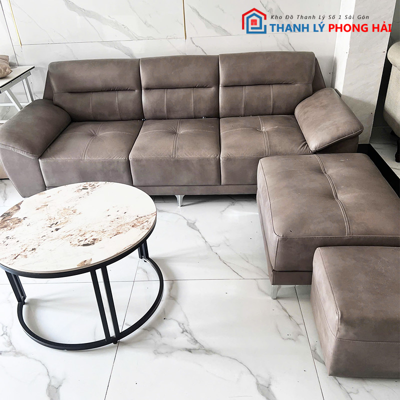 bo-sofa-da-co-don-ghep-goc-l Bộ Sofa Da Có Đôn Ghép Góc L Kèm Bàn Trà Mặt Vân Đá Cũ