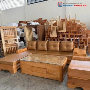 Bộ Sofa Góc L Gỗ Tự Nhiên Đệm Da Kèm Bàn Mới 99%