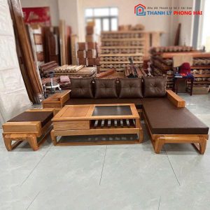 Salon Gỗ Góc L Kèm Ghế Đơn Và Bàn Trà 2 Tầng Mới 99%