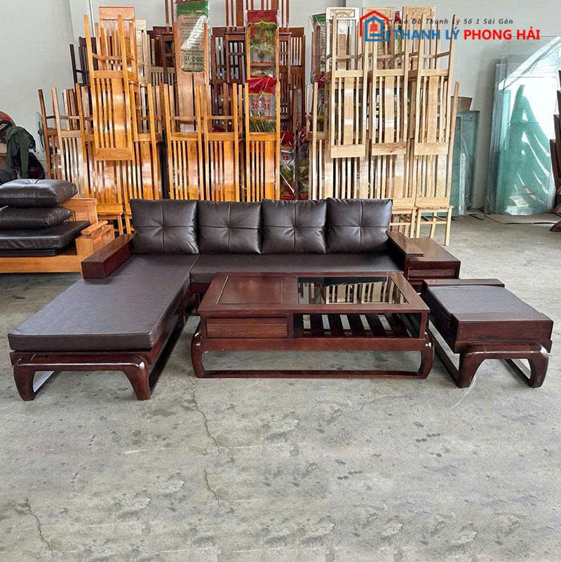 salon-go-goc-l-kem-ghe-don-va-ban-tra-2 Salon Gỗ Góc L Kèm Ghế Đơn Và Bàn Trà 2 Tầng Mới 99%