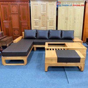 Salon Gỗ Góc L Kèm Ghế Đơn Và Bàn Trà 2 Tầng Mới 99%