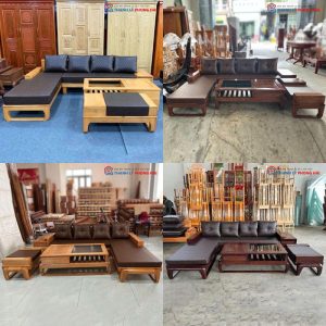 Salon Gỗ Góc L Kèm Ghế Đơn Và Bàn Trà 2 Tầng Mới 99%