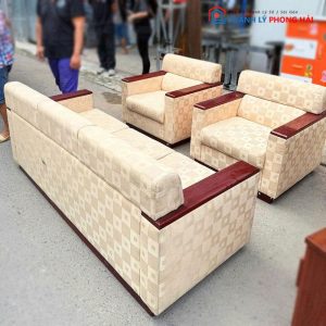 Sofa Bọc Vải Tay Ốp Gỗ 3 Món Cũ